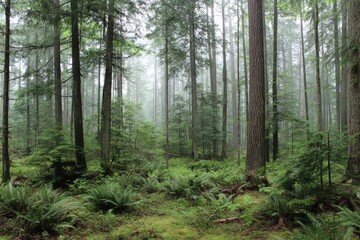 Misty forest floor with tall trees