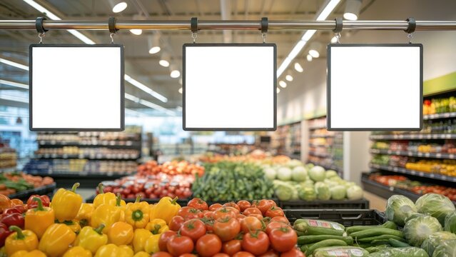 Bright grocery store aisle showcases fresh produce with three blank signs for promotions and sales announcements