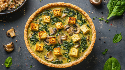 Delicious vegetable and tofu pizza with spinach mushrooms herbs and melted cheese on a rustic dark...