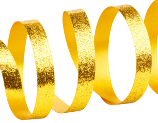  Golden Glitter Holiday Ribbon in Spiral Shape with Sparkling Texture Angled Side View Isolated on Transparent Background PNG