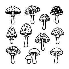 Collection of whimsical outlined mushrooms with varying cap patterns and shapes