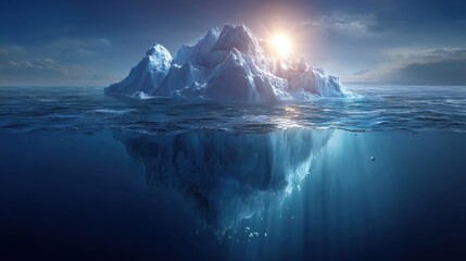 Majestic Iceberg Floating in Tranquil Ocean Waters at Sunrise With Sun Rays Illuminating Its Icy Peaks