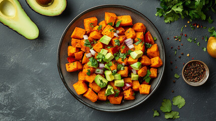 Freshly prepared spicy roasted sweet potato cubes salad with chopped avocado and herbs served in a...