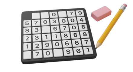 Sudoku Game with Pencil and Eraser on Table