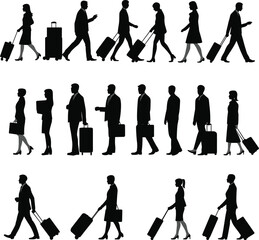 Business people walking, travel with luggage, airport commute, professional silhouettes, business trip, teamwork journey, global travel, corporate professionals moving