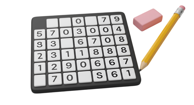 Sudoku Game with Pencil and Eraser on Table