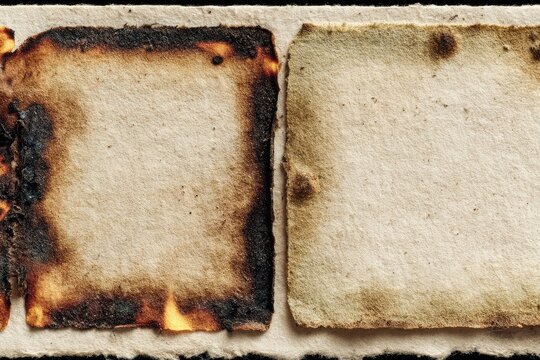Two burned, aged paper squares, slightly different tones