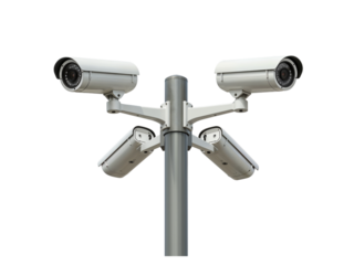Four modern white security cameras mounted on a metal pole for surveillance and monitoring purposes isolated on transparent background