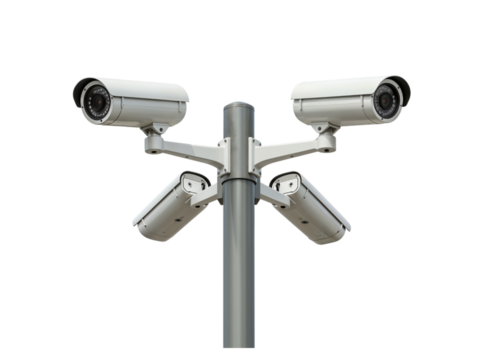 Four modern white security cameras mounted on a metal pole for surveillance and monitoring purposes isolated on transparent background