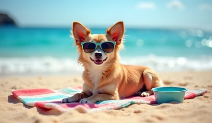 Small dog with sunglasses relaxing on a beach towel near the ocean on a sunny day enjoying the summer