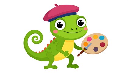 Obraz premium Charming Cartoon Chameleon Artist Illustration Featuring a Beret and Paint Palette