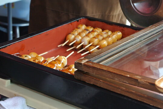 Mitarashi dango dumplings on skewers