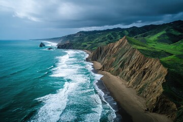 Fototapeta premium Dramatic coastal landscape with rugged cliffs, a sandy beach, and powerful waves