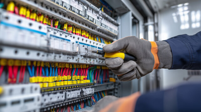 電気技師が配電盤で配線を調整する