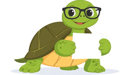 Charming turtle cartoon wearing glasses, holding a blank white sign with a smile