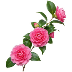 Naklejka premium Camellia branch with pink flowers and green leaves isolated on transparent background
