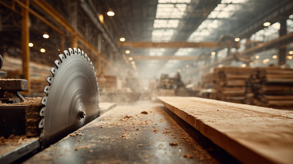 ダイナミックな大型丸ノコで木材を切断する工房作業