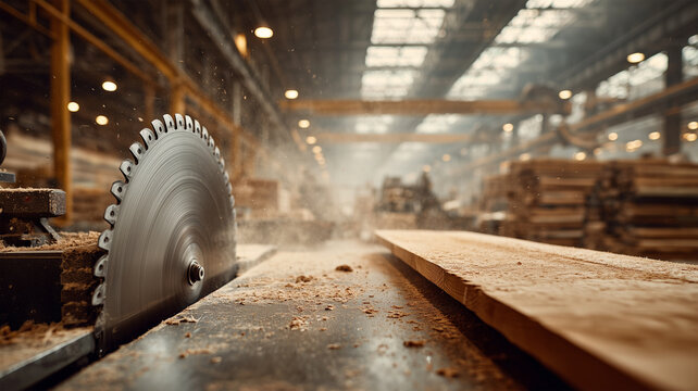 ダイナミックな大型丸ノコで木材を切断する工房作業