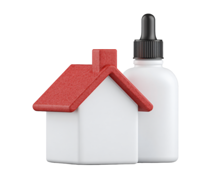 White house model and a dropper bottle on a clean background