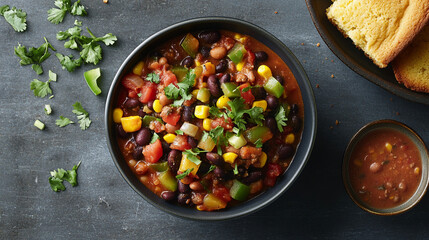Colorful vegetable chili in a bowl served with cornbread and salsa on dark textured background...