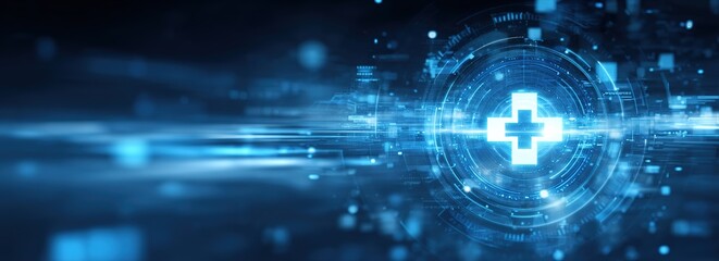 A medical cross symbol on a technological blue background, suitable for promotional posters of smart medical enterprises and display backgrounds for hospital digitalization construction.
