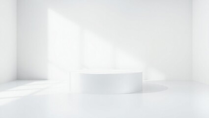 Fototapeta premium Minimalist white room with a cylindrical pedestal and soft light