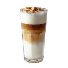  layered latte macchiato in tall clear glass on white background