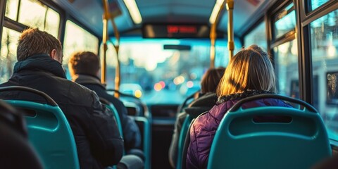 Obraz premium A busy metropolitan bus with passengers enjoying the urban view from their seats