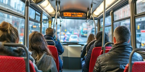 Naklejka premium A busy metropolitan bus with passengers enjoying the urban view from their seats