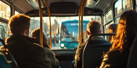 Obraz premium A busy metropolitan bus with passengers enjoying the urban view from their seats