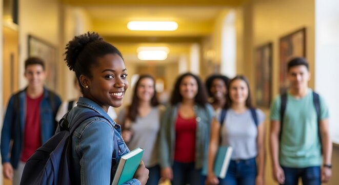 Diverse group of smiling students walking down a bright school hallway