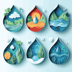 Set of World Water Day. Minimal water drop shape symbol. Sustainable of Renewable resource, Ecology and Environment concept. Paper art vector illustration