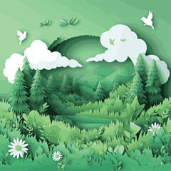 Paper art of green nature and earth day concept background template.Ecology and environment conservation concept.Vector illustration