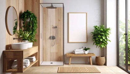 Fototapeta premium Bright Bathroom Interior with Wooden Accents Shower and Green Plants.