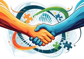 Two hands shaking with puzzle pieces and abstract globe background handshake partnership