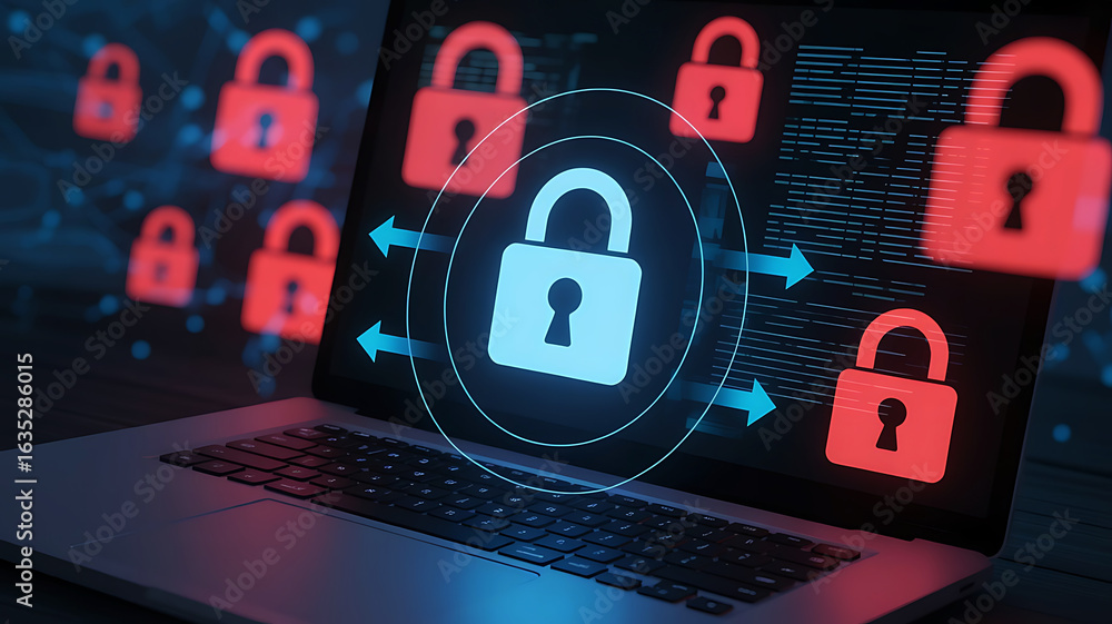 Poster digital security concept with glowing padlocks and data streams on a laptop screen