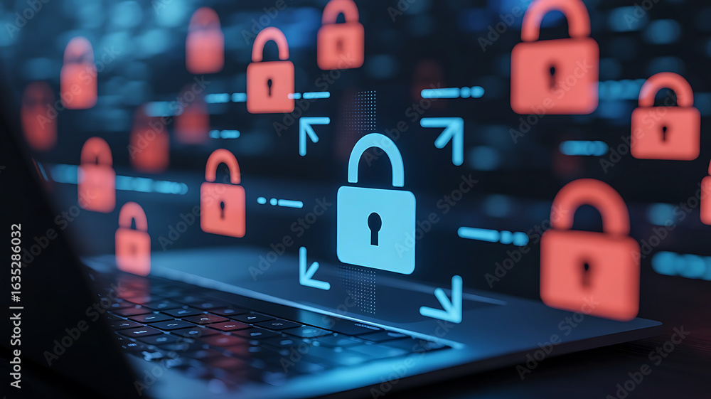 Poster digital security concept with glowing padlocks and network connections overlaying a laptop keyboard