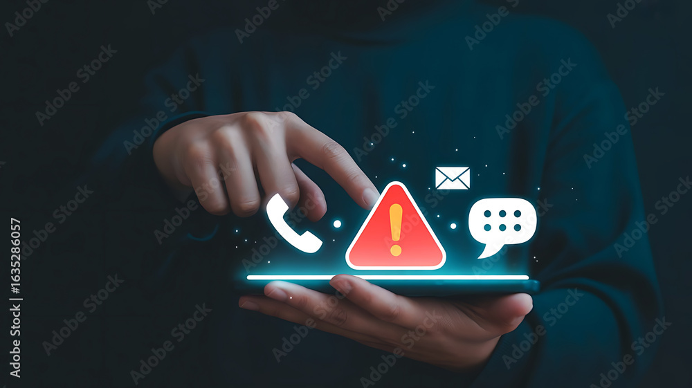 Poster person holding a smartphone displaying a digital alert with communication icons and an exclamation m