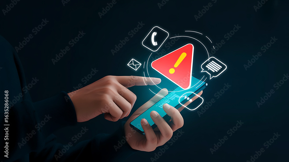 Poster person touching a smartphone displaying a glowing red warning triangle with digital icons emerging f
