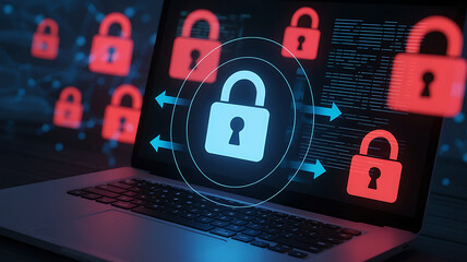 Digital security concept with glowing padlocks and data streams on a laptop screen
