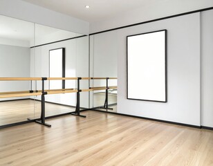 Bright Dance Studio Interior with Barre Mirrors and Blank Frame Mockup.