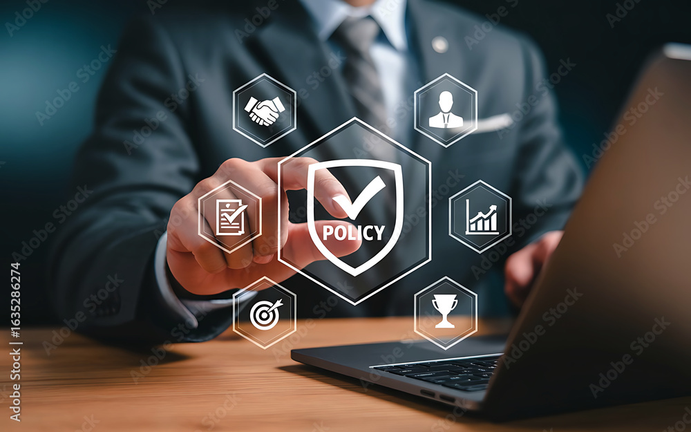 Poster businessman interacting with digital security and policy icons on a virtual interface