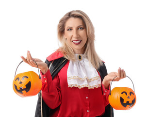 Happy mature woman dressed as vampire jack-o-lanterns isolated on white background. Halloween...