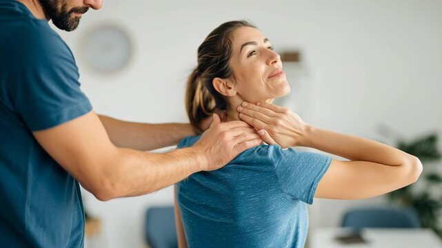 Relief and Recovery: A physical therapist gently massages the neck and shoulders of a patient, fostering a sense of healing and tranquility, capturing the essence of health, wellness, and pain relief.