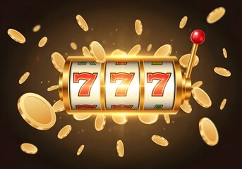 Golden slot machine with three sevens and falling coins gambling casino 1