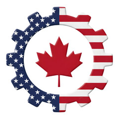 Gear with canadian and american flags symbolizing industry and international cooperation isolated on transparent background