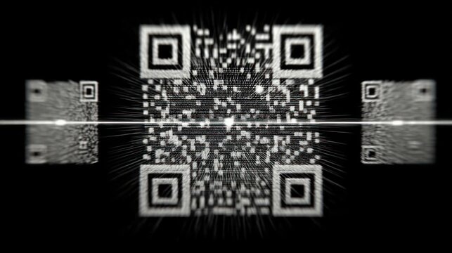 QR Code Animation with Laser Scan and Barcode Scanner on Black Background