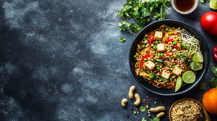 Colorful Thai vegetable stir fry with tofu served in a black bowl surrounded by fresh ingredients...