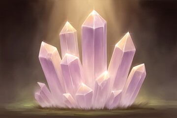 Cluster of luminous, lavender-pink crystals, bathed in warm, golden light