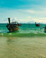 Railay Krabi Thailand : 03 August 2025 : Landscape of Traditional Thailand Long tail Boats on...